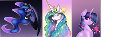 Size: 3744x1100 | Tagged: safe, artist:couchpotato77, artist:endeavor, artist:endergal2017, princess celestia, princess luna, twilight sparkle, twilight sparkle (alicorn), alicorn, pony, bust