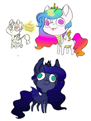 Size: 479x639 | Tagged: safe, artist:phobicalbino, princess celestia, princess luna, oc, bat pony, bat ponified, bat wings, cake, chibi, draconified, dragonlestia, food, giant head, glowing horn, lunabat, magic, majestic as fuck, race swap, simple background, telekinesis, white background