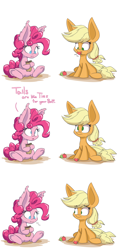 Size: 1280x2699 | Tagged: safe, artist:heir-of-rick, applejack, pinkie pie, earth pony, pony, daily apple pony, apple, burrito, comic, dialogue, eating, food, impossibly large ears, simple background, sitting, sudden clarity pinkie pie, underhoof, white background, younger