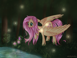 Size: 1600x1200 | Tagged: safe, artist:mitralexa, fluttershy, firefly (insect), pegasus, pony, flower, forest, lake, raised hoof, reflection, solo, spread wings, water