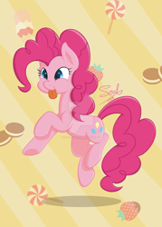 Size: 1024x1434 | Tagged: safe, artist:soulfulmirror, pinkie pie, pony, candy, cute, diapinkes, food, ice cream, lollipop, lyrics in the description, ponk, pronking, silly, silly pony, solo, song in the description, strawberry, tongue out, watermark