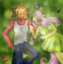 Size: 568x576 | Tagged: safe, artist:traupa, big macintosh, fluttershy, anthro, clothes, dress, fluttermac, jeans, male, pants, shipping, sleeping, straight