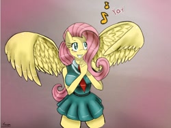 Size: 800x600 | Tagged: safe, artist:traupa, fluttershy, anthro, clothes, skirt, solo, spread wings, vest