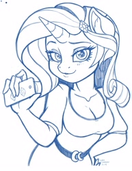 Size: 2550x3300 | Tagged: safe, artist:latecustomer, rarity, anthro, unicorn, belt, breasts, cleavage, clothes, ear fluff, female, heart eyes, looking at you, mare, monochrome, phone, sketch, smiling, solo, wingding eyes