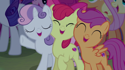 Size: 1280x720 | Tagged: safe, screencap, apple bloom, applejack, fluttershy, pinkie pie, rarity, scootaloo, sweetie belle, earth pony, pegasus, pony, unicorn, the mane attraction, adorabloom, cropped, cute, cutealoo, cutie mark, cutie mark crusaders, diasweetes, female, filly, mare, open mouth, squishy cheeks, the cmc's cutie marks