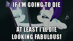 Size: 480x268 | Tagged: safe, edit, screencap, rarity, storm king, pony, unicorn, my little pony: the movie, and then there's rarity, bobblehead, fabulous, falling, female, image macro, mare, meme, mirror, narcissism, rarity being rarity, skewed priorities, solo, text