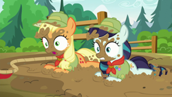 Size: 1280x720 | Tagged: safe, screencap, applejack, coloratura, earth pony, pony, the mane attraction, fence, mud, rara, tree