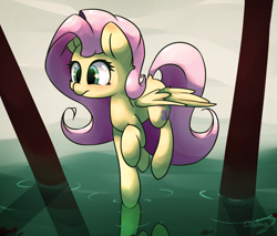 Size: 4110x3500 | Tagged: safe, artist:bloodatius, fluttershy, fish, pegasus, pony, absurd resolution, dock, floating, flying, looking down, pylon, raised hoof, reflection, solo, spread wings, water