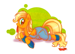 Size: 969x700 | Tagged: safe, artist:kelsea-chan, applejack, earth pony, pony, clothes, hair tie, hoof boots, mouth hold, overalls, solo