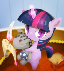 Size: 545x600 | Tagged: safe, artist:youhoujou, derpibooru import, smarty pants, twilight sparkle, pony, bipedal, cute, filly, filly twilight sparkle, hug, levitation, looking at you, looking up, magic, pixiv, solo, telekinesis, twiabetes, younger