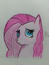 Size: 1920x2560 | Tagged: safe, artist:beatsubi, pinkie pie, earth pony, pony, blue eyes, colored, drawing, frown, pink, pinkamena diane pie, sad, solo, traditional art