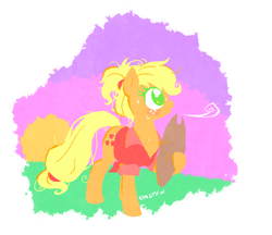 Size: 980x846 | Tagged: safe, artist:kelsea-chan, applejack, earth pony, pony, alternate hairstyle, clothes, hat, hoof hold, lineless, shirt, solo, sweat