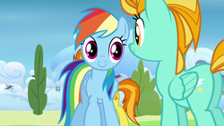 Size: 1280x720 | Tagged: safe, derpibooru import, screencap, lightning dust, rainbow dash, spitfire, pegasus, pony, wonderbolts academy, cute, cutie mark, dashabetes, duo focus, dustabetes, female, folded wings, introduction, looking at each other, magenta eyes, mare, multicolored mane, multicolored tail, obscured face, orange eyes, plot, smiling