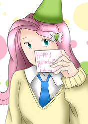 Size: 1024x1448 | Tagged: safe, artist:lthegamerotaku, fluttershy, human, card, clothes, happy birthday, hat, humanized, necktie, party hat, shirt, solo, sweater, sweatershy