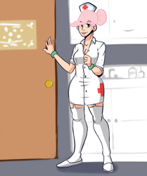 Size: 860x1030 | Tagged: safe, artist:slipe, nurse redheart, clothes, detailed background, door, female, humanized, pink hair, solo