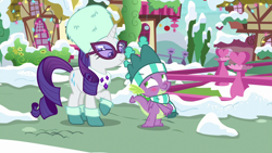 Size: 1280x720 | Tagged: safe, screencap, rarity, spike, dragon, pony, unicorn, best gift ever, blushing, clothes, scarf, snow, sunglasses, winged spike