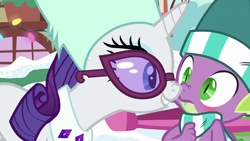 Size: 1280x720 | Tagged: safe, screencap, rarity, spike, dragon, pony, unicorn, best gift ever, boop, clothes, scarf, shipping fuel, snow, sunglasses, winged spike