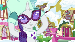 Size: 1280x720 | Tagged: safe, screencap, rarity, pony, unicorn, best gift ever, clothes, female, gloves, looking up, mare, snow, solo, sunglasses