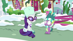 Size: 1280x720 | Tagged: safe, screencap, rarity, spike, dragon, pony, unicorn, best gift ever, clothes, scarf, snow, sunglasses, tail, tailboner