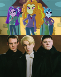 Size: 1159x1446 | Tagged: safe, screencap, adagio dazzle, aria blaze, sonata dusk, equestria girls, rainbow rocks, comparison, draco malfoy, gregory goyle, harry potter, slytherin, the dazzlings, vincent crabbe