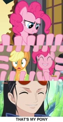 Size: 575x1115 | Tagged: safe, edit, edited screencap, screencap, applejack, pinkie pie, earth pony, pony, a friend in deed, hearthbreakers, anime, hana hana no mi, meme, nico robin, one piece, that's my pony, that's my x