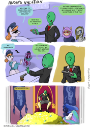 Size: 720x1017 | Tagged: safe, artist:colochenni, copper top, princess celestia, princess luna, oc, oc:anon, alicorn, earth pony, human, pony, zebra, comic, coup, gun, handgun, human male, islam, male, parody, revolver, speech bubble, sunglasses, weapon, zebra oc