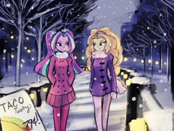 Size: 960x720 | Tagged: safe, artist:lumineko, adagio dazzle, aria blaze, equestria girls, rainbow rocks, clothes, cold, commission, jacket, scarf, snow, snowfall, taco tuesday, winter