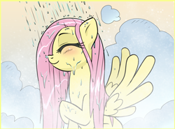 Size: 1168x863 | Tagged: safe, artist:pencils, fluttershy, pegasus, pony, blushing, cute, eyes closed, female, mare, shower, shyabetes, smiling, solo, wet mane