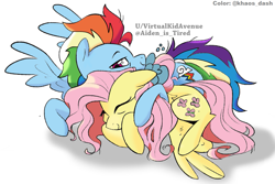 Size: 1331x887 | Tagged: safe, artist:khaotixdreamfd, artist:virtualkidavenue, derpibooru import, fluttershy, rainbow dash, pegasus, pony, cuddling, eyes closed, female, flutterdash, lesbian, lying down, my little pony, older, older fluttershy, older rainbow dash, shipping, simple background, white background