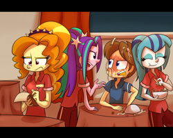 Size: 2500x2000 | Tagged: safe, artist:fj-c, adagio dazzle, aria blaze, sonata dusk, equestria girls, rainbow rocks, clothes, french fries, noodles, the dazzlings, uniform, waitress