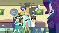 Size: 1920x1080 | Tagged: safe, screencap, blueberry cake, curly winds, microchips, paisley, rarity, scott green, some blue guy, wiz kid, best trends forever, best trends forever: twilight sparkle, better together, equestria girls, background human, converse, glasses, nerd, shoes