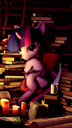 Size: 2160x3840 | Tagged: safe, artist:whiteskyline, derpibooru import, twilight sparkle, twilight sparkle (alicorn), alicorn, pony, 3d, 4k, book, candle, chair, coffee, coffee mug, digital art, female, high res, mare, mug, sitting, solo, source filmmaker, thinking, wallpaper