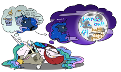 Size: 3400x2029 | Tagged: safe, artist:kaleysia, discord, princess celestia, princess luna, alicorn, pony, cuddle puddle, cuddling, dislestia, dream walker luna, female, graffiti, male, paint, paint bucket, pony pile, shipping, simple background, sleeping, straight, thought bubble, vandalism, white background