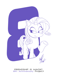 Size: 1086x1400 | Tagged: safe, artist:fuzon-s, part of a set, rarity, pony, unicorn, anniversary, female, happy birthday mlp:fim, lidded eyes, mare, mlp fim's eighth anniversary, monochrome, pony channel, raised hoof, sketch, smiling, solo, style emulation, yuji uekawa style