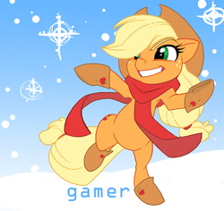 Size: 700x661 | Tagged: safe, artist:viddi32, applejack, earth pony, pony, bipedal, boots, clothes, scarf, snow, snowfall, solo, winter