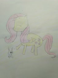 Size: 3120x4160 | Tagged: safe, artist:sumi-mlp25, angel bunny, fluttershy, pegasus, pony, rabbit, eyes closed, happy, paper, smiling, solo, traditional art