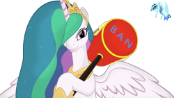 Size: 3200x1800 | Tagged: safe, artist:spyrolinkgame, artist:wolyro pegasus, princess celestia, alicorn, pony, banhammer, female, grin, hair over one eye, hammer, looking at you, mare, simple background, smiling, spread wings, this will end in journey to the moon, transparent background, wings, you dun goofed