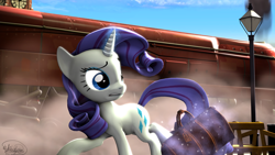 Size: 3840x2160 | Tagged: safe, artist:whiteskyline, rarity, pony, unicorn, 3d, luggage, magic, solo, train