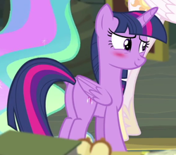 Size: 564x497 | Tagged: safe, screencap, princess celestia, twilight sparkle, twilight sparkle (alicorn), alicorn, better together, equestria girls, forgotten friendship, blushing, cropped, cute, cute blush, plot, solo focus