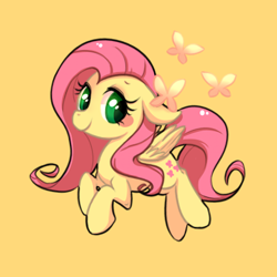 Size: 450x450 | Tagged: safe, artist:phyllismi, fluttershy, butterfly, pegasus, pony, cute, female, floppy ears, mare, orange background, pixiv, shyabetes, simple background, solo