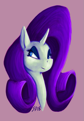 Size: 475x682 | Tagged: safe, artist:saoirsepdg, rarity, pony, unicorn, bust, exaggerated mane, eyeshadow, lineless, makeup, portrait, simple background, smiling, smirk, solo