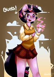 Size: 3148x4460 | Tagged: safe, artist:bloodatius, twilight sparkle, anthro, unicorn, absurd resolution, alternate hairstyle, butts, clothes, colored pupils, cute, dialogue, female, glow, legs, looking at you, magic, mare, open mouth, plaid, pleated skirt, shirt, short hair, skirt, smiling, solo, twiabetes, vest