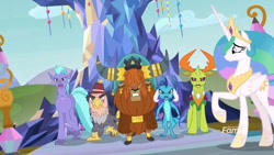 Size: 1366x768 | Tagged: safe, screencap, grampa gruff, prince rutherford, princess celestia, princess ember, seaspray, thorax, alicorn, changedling, changeling, classical hippogriff, dragon, griffon, hippogriff, pony, yak, school daze, angry, blind eye, changeling king, cloven hooves, dragoness, eye scar, female, fez, hat, horn ring, king thorax, raised hoof, scar, twilight's castle
