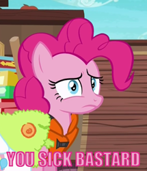 Size: 389x452 | Tagged: safe, edit, edited screencap, screencap, pinkie pie, earth pony, pony, ppov, caption, female, image macro, mare, meme, solo, you sick bastard