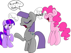 Size: 4100x3071 | Tagged: safe, artist:daisy meadows, derpibooru import, maud pie, pinkie pie, twilight sparkle, twilight sparkle (alicorn), alicorn, earth pony, pony, :o, bored, boring, eyes closed, female, jumping, mare, open mouth, pun, raised hoof, rock, rock pun, smiling