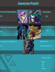 Size: 2300x3000 | Tagged: safe, artist:com3tfire, derpibooru import, fluttershy, princess celestia, rainbow dash, spitfire, oc, bat pony, pony, advertisement, bat pony oc, commission info, price list