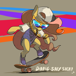 Size: 5600x5600 | Tagged: safe, artist:docwario, fluttershy, pegasus, pony, abstract background, absurd resolution, backwards ballcap, balancing, bipedal, cap, clothes, gold chains, hat, shiny, skateboard, skateboarding, solo, sunglasses, watch, wristwatch