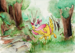 Size: 2000x1417 | Tagged: safe, artist:ecmonkey, fluttershy, butterfly, pegasus, pony, eyes closed, forest, prancing, smiling, solo, spread wings, traditional art, watercolor painting