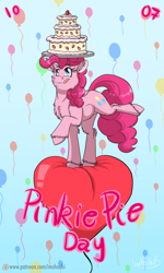 Size: 900x1496 | Tagged: safe, artist:inuhoshi-to-darkpen, pinkie pie, earth pony, pony, balancing, balloon, cake, dessert, heart, raised hoof, solo, tray