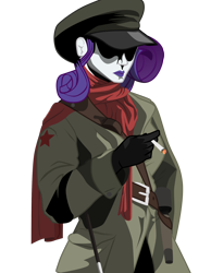Size: 1592x2052 | Tagged: safe, artist:aaronmk, rarity, human, cel shading, cellshaded, cigarette, clothes, female, frown, grenade, hat, hidden eyes, humanized, hungary, lipstick, military uniform, purple lipstick, scarf, shadow, simple background, transparent background, trenchcoat, uniform, weapon, whip